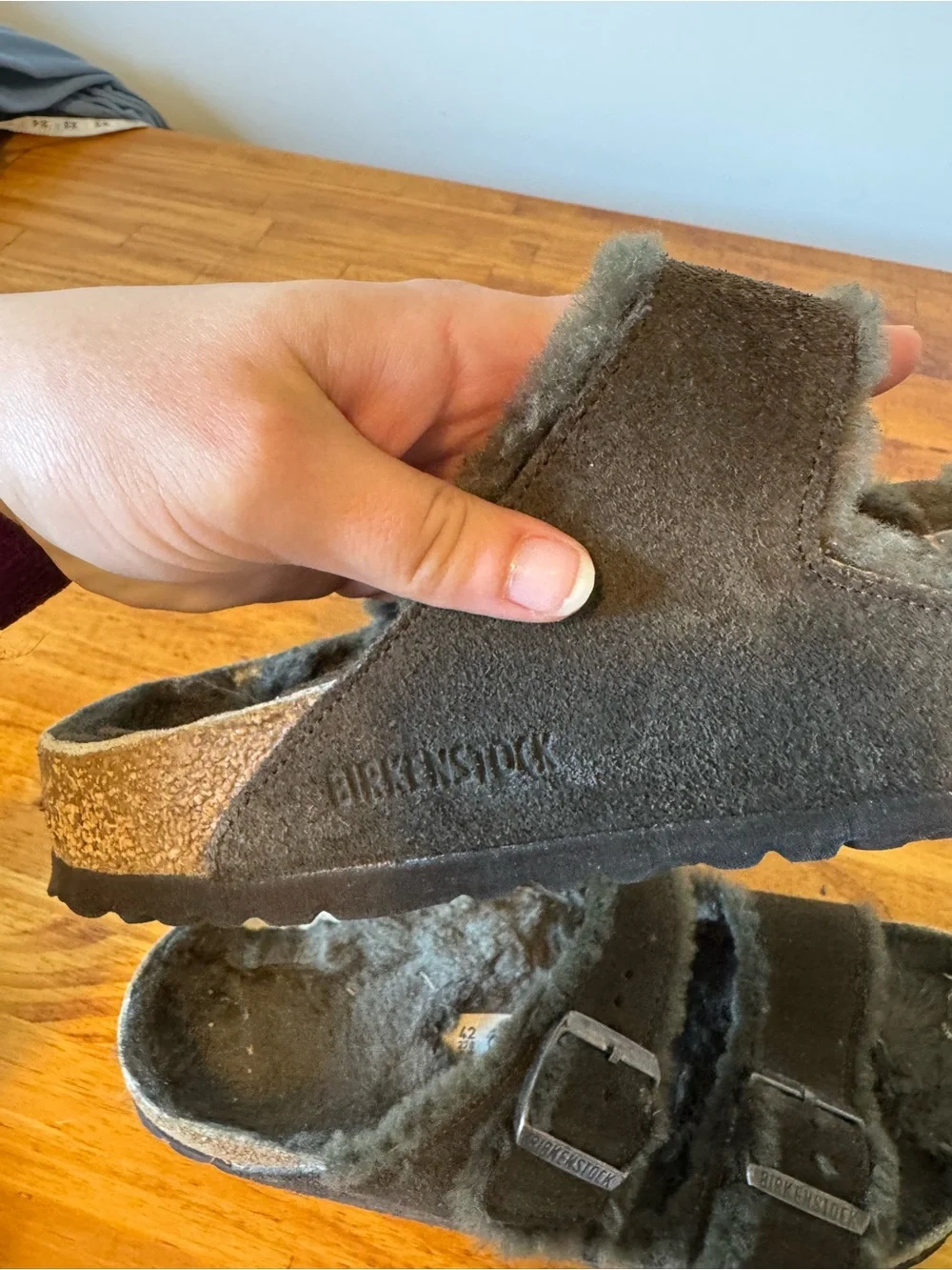 Birkenstock Arizona Shearling Slide Sandals Suede Leather Dark Brown Size 42